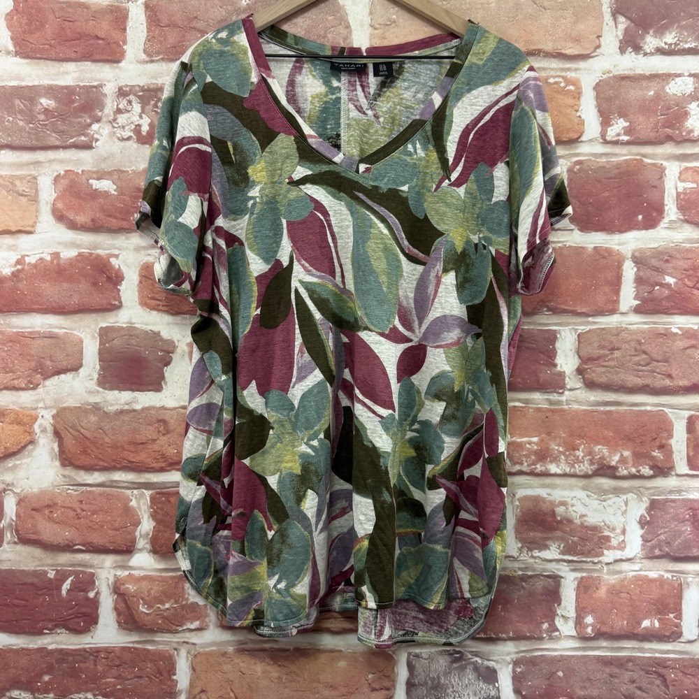 Tahari T Shirt Women's 1X Multicolor Floral Abstract 100% Linen Slub Casual Top